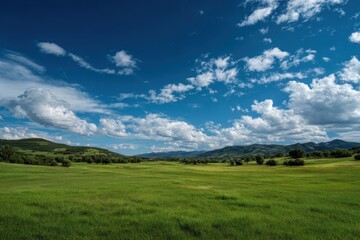 Fototapeta premium Lush green meadow under bright blue sky invites relaxation and exploration in a serene natural landscape