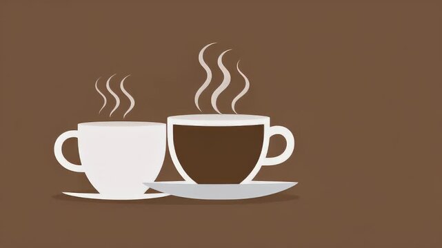 Flat lay illustration of a steaming cup of coffee and a cup of hot chocolate on saucers with a warm brown background.