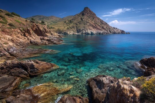 Breathtaking view of Cala Maestra in the serene isle of Montecristo showcasing clear waters and rugged coastline under bright blue sky