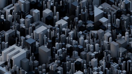 A monochromatic 3D abstract landscape featuring a dense, high-detail arrangement of geometric blocks and cylinders in varying heights and shades of gray and black.