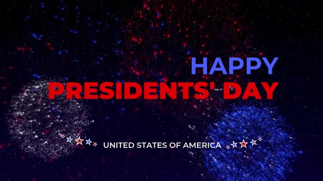 Happy Presidents' Day animated card, video greeting featuring fireworks in the colors of the American flag &mdash; red, white, and blue.