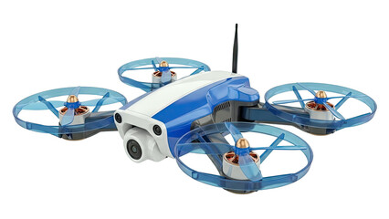 Blue and white quadcopter drone with camera