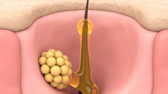Detailed 3D animation of a sebaceous gland secreting oil to moisturize hair and skin, illustrating skin biology.