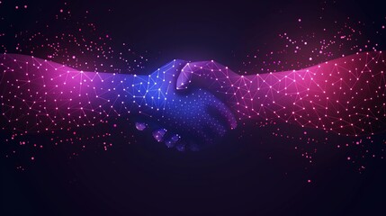 Pixelated hands emerging from screens for a virtual handshake symbolizing online collaboration