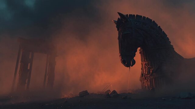 Epic depiction of a colossal Trojan horse statue amidst ancient ruins with dramatic lighting and smoky atmosphere  symbolizing deception and Greek mythology themes