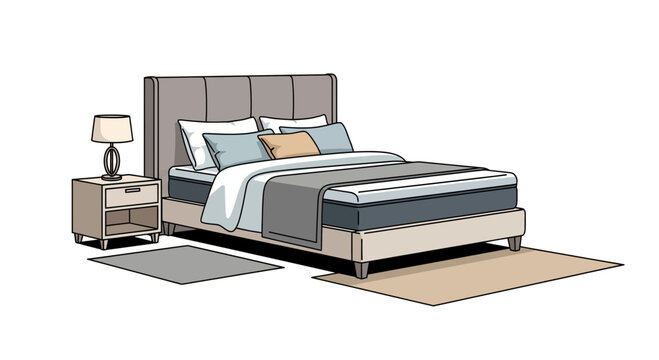 Illustrated bedroom featuring a bed bedside table lamp and rugs on white.