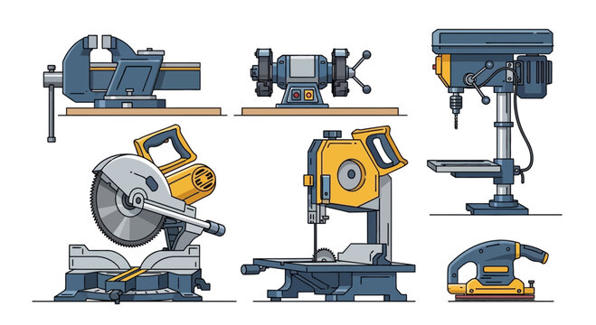Various power tools including a drill press and a miter saw on white.