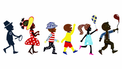 Fototapeta premium A colorful vector illustration of diverse children and an adult walking together in a joyful procession