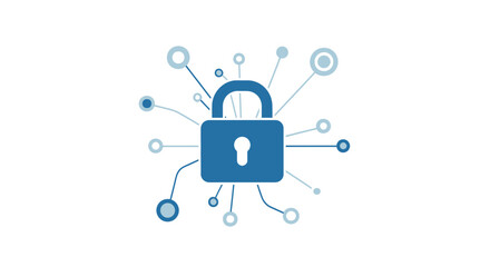 Blue padlock with connected nodes and lines on white background symbolizing cybersecurity and data protection