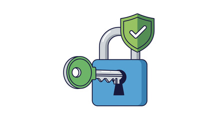 Secure padlock with green shield and key symbolizing protection and safety online