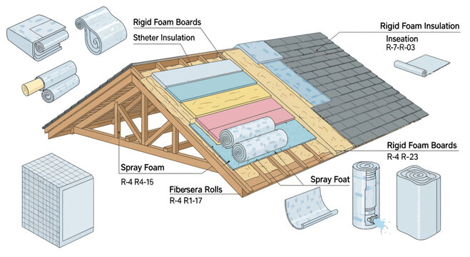 Diagram showing roof construction layers including rigid foam board spray foam and fiberglass.