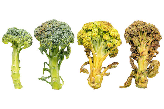 Broccoli freshness stages from fresh green vegetable to wilted spoiled decay on transparent background