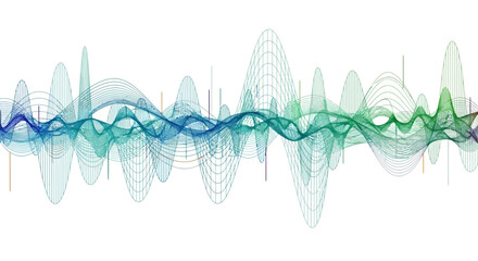 Vibrant green and blue waveform graphic on white background oscillating lines
