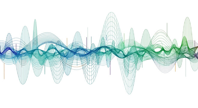 Vibrant green and blue waveform graphic on white background oscillating lines
