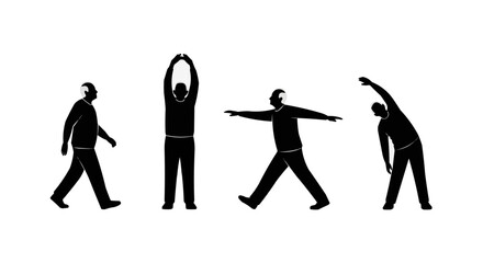 Dynamic monochrome vector illustrations capturing various human figures engaged in essential physical exercises and stretching routines, promoting health, fitness, and an active lifestyle