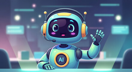 Smiling AI chatbot robot waving hand, customer support concept, headset style robot, friendly eyes, modern digital workspace