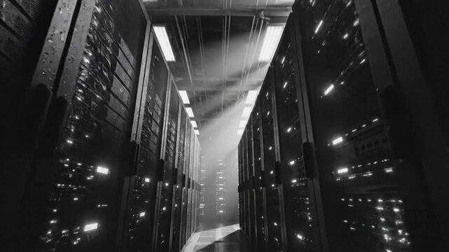 Dark data center hallway with bright light shining down between server racks, black and white perspective