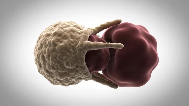 Detailed 3D animation of an immune cell performing phagocytosis, capturing and internalizing a target cell.