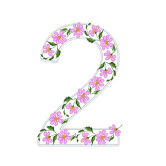 The white number 2 is decorated with an ornament of pink flowers. Computer illustration.