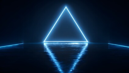 glowing blue neon triangle frame on dark wet reflective surface creating futuristic portal effect with light beams and smoky atmosphere abstract background vibrant illumination