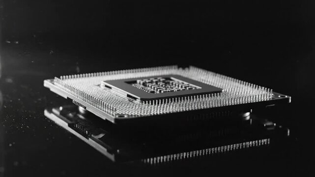 Close up view of a computer processor with pins on a dark reflective surface and fog in the background