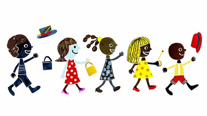 Fototapeta premium A colorful illustration of diverse children walking together in a line, each with unique accessories and clothing.