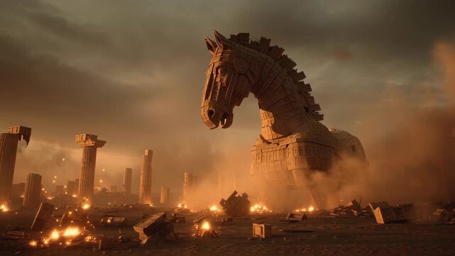 Epic digital rendering of a massive Trojan horse amidst a ruined ancient cityscape with fire and smoke  symbolizing Greek mythology and ancient warfare