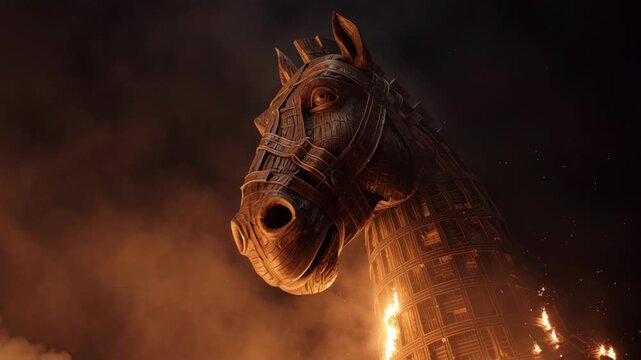 Futuristic Trojan Horse Sculpture Engulfed in Flames with Dramatic Lighting and Dark Atmosphere  Symbolizing Ancient Mythology Reimagined in Modern Art