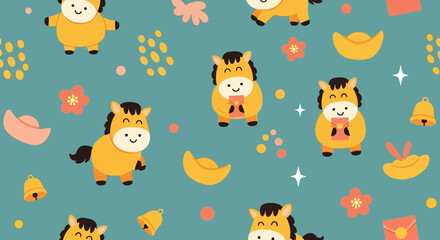 Seamless pattern of cartoon horses and Chinese New Year elements on teal background. yeloow black orange icons