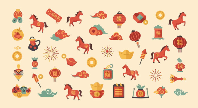 Festive vector collection of stylized red horses and traditional Lunar New Year symbols including lanterns and gold ingots, flat design illustration set arranged on warm beige with prosperity motifs.