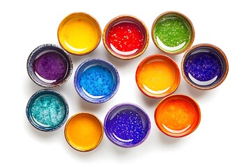 Bright and bold sauces in jewel-toned bowls with reflective highlights, captured in a circular cluster on white 