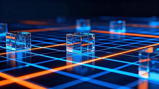 Transparent cubes on a glowing grid with blue and orange lines in a futuristic digital environment
