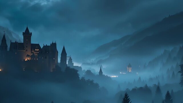 Gothic castle on misty mountain valley at dusk.