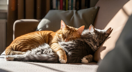 Two cats sleeping together on a couch, peaceful companionship, soft afternoon light, cozy home setting, natural behavior, emotional storytelling, realistic photography style