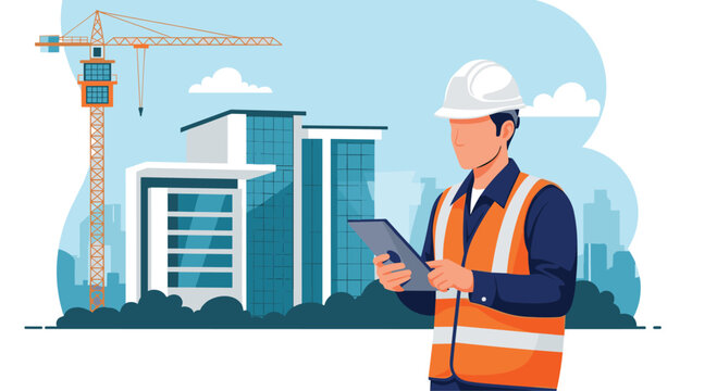 Construction engineer or site manager in a hard hat and safety vest using a tablet to inspect a building project site.