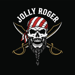 Fototapeta premium Fierce Pirate Skull with Striped Bandana on Black Background