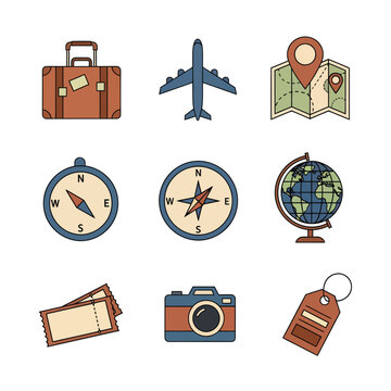 Flat Travel and Tourism Icon Set with Navigation and Vacation Elements