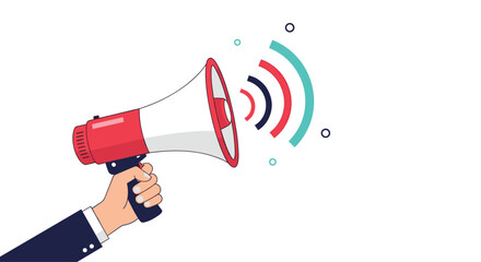 Hand holding a red and white megaphone or bullhorn, making a loud announcement for marketing, news, or a protest.