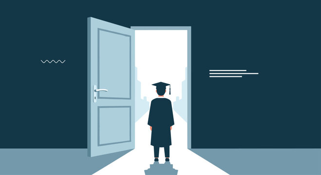 Graduate in a cap and gown standing before a bright open door, symbolizing the future, opportunities, and a new beginning.