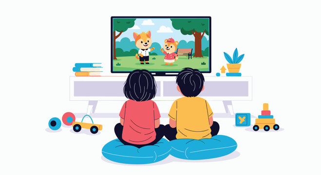 Two young children sitting on the floor together and watching an animated cartoon show on a large television screen.