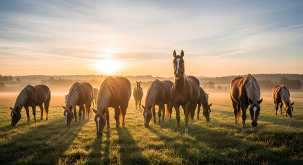 Fototapeta premium Candid lifestyle image of horses grazing together in a field at sunrise, warm natural light, peaceful mood, authentic animal behavior, real countryside environment, cinematic photography style