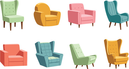 Naklejka premium Stylish Armchair Collection Featuring Eight Unique Upholstery Designs, Colors, and Shapes for Interior Design Inspiration and Furniture Style Comparison
