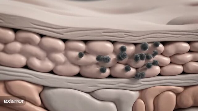 Detailed 3D animation of human skin layers, illustrating cellular structure and the absorption of particles.