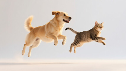 Dog and Cat Leaping Together Isolated on White with Warm Light