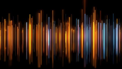 Abstract vertical neon light streaks data visualization on black background, digital wave pattern, technology concept, futuristic motion graphics, bright glow effect, energy flow.