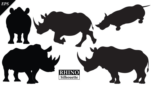 set of Black silhouette of rhinoceros isolated on white background, Beautiful rhinoceros logo icon vector design, standing, rhino silhouette vector illustration, vector. Black rhino Silhouette logo 