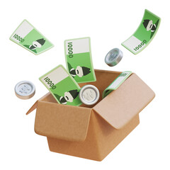 3D Render of 10,000 Korean Won Bills Popping Out of a Delivery Box