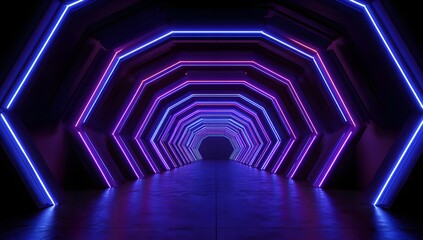 futuristic tunnel with hexagonal geometric shapes and neon blue and purple light lines receding into darkness creating an abstract sci fi atmosphere