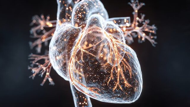 Transparent digital rendering of human heart with glowing neural network.