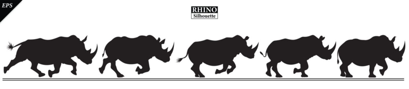 set of Black silhouette of rhinoceros isolated on white background, Beautiful rhinoceros logo icon vector design, standing, rhino silhouette vector illustration, vector. Black rhino Silhouette logo 